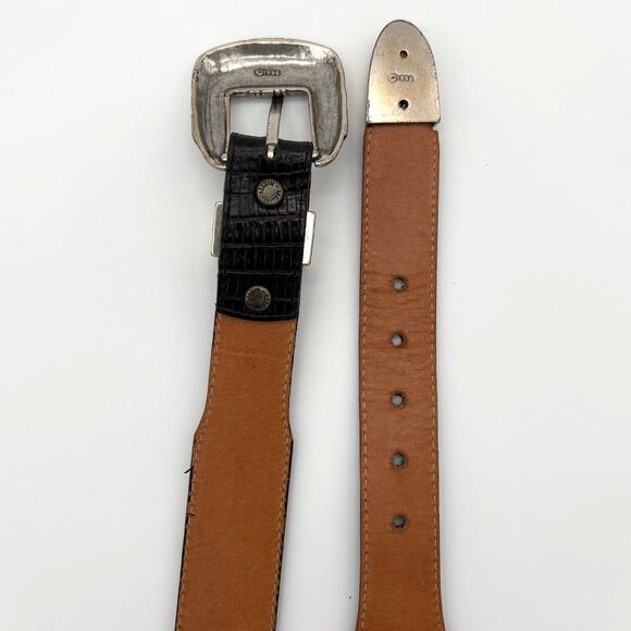 Vintage 90s Onyx Croc Embossed Western Leather Belt Black Silver Tone Size 32 main image 7